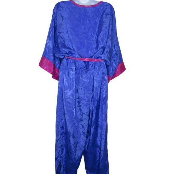 Vintage 80s Jumpsuit Womens Pink Purple Taper Leg Pockets Tie Belt Button Front - Picture 10 of 13